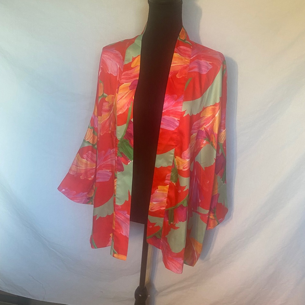 Chicos Floral Kimono Jacket Red Pink Sage Green Open Front Relaxed XL